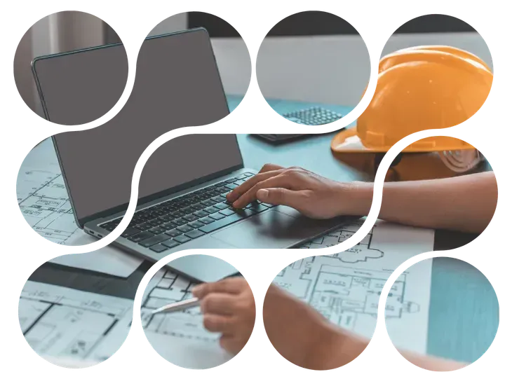 Person working on laptop, construction plans, and hard hat.