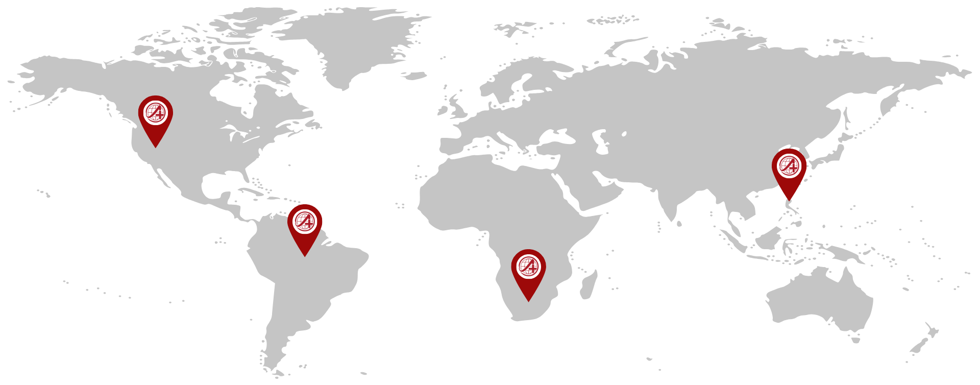 World map with red location markers in North America, South America, Africa, and Asia.