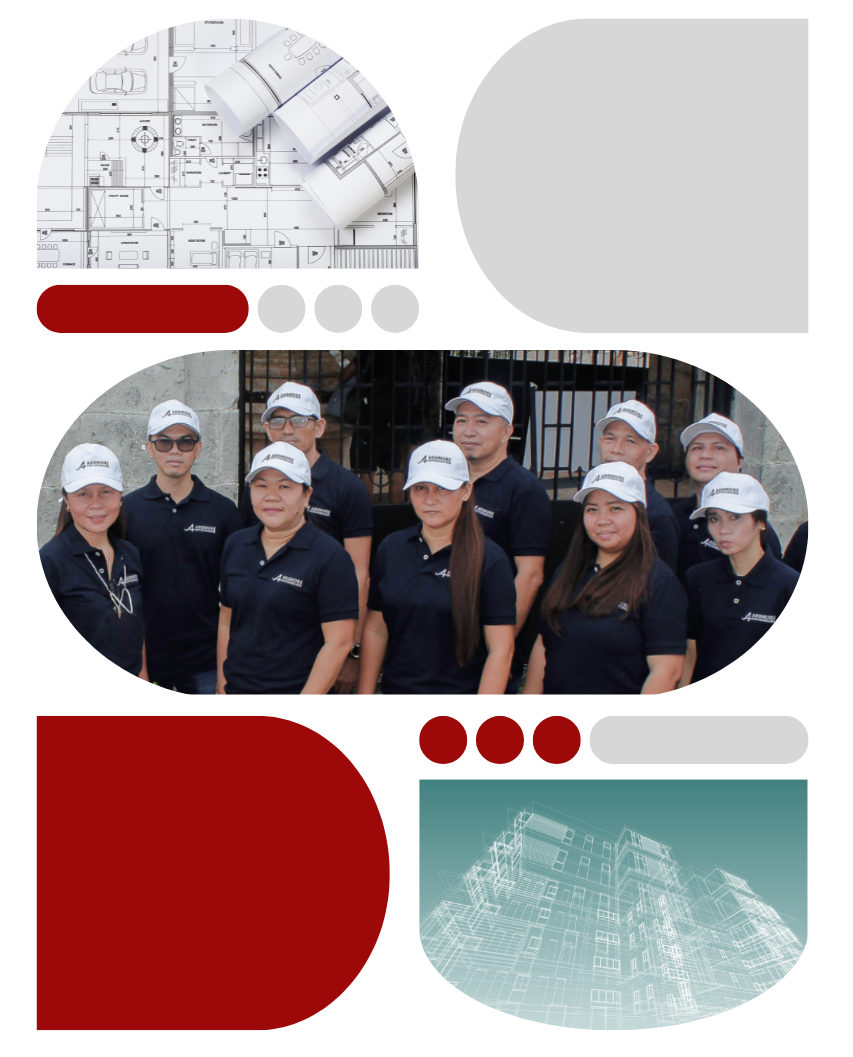 Top: Architectural plans. Middle: Group of people in matching shirts and hats. Bottom: City graphic.