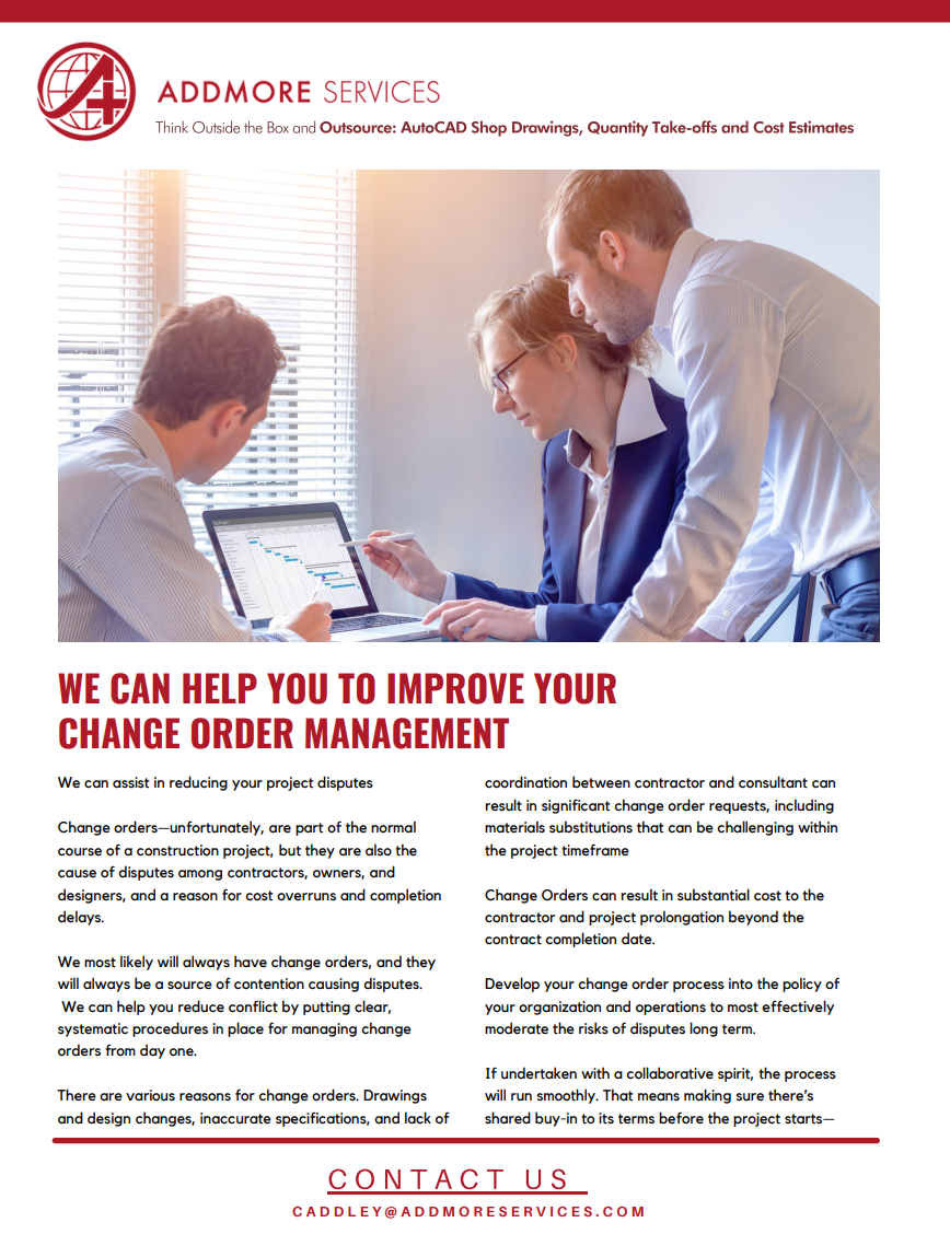 Three business professionals collaborating around a laptop, discussing change order management.