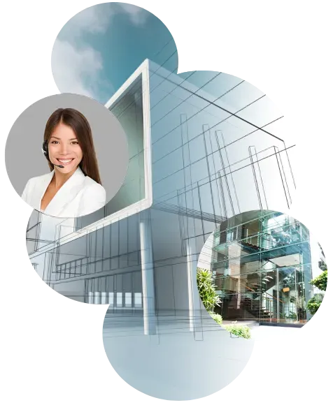 Architect working on plans; customer service agent assisting; modern building; light colors.