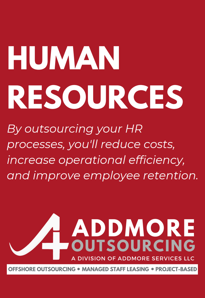 Red advertisement for Addmore Outsourcing, focused on human resources. Text states benefits: reduce costs, increase efficiency, and improve retention.