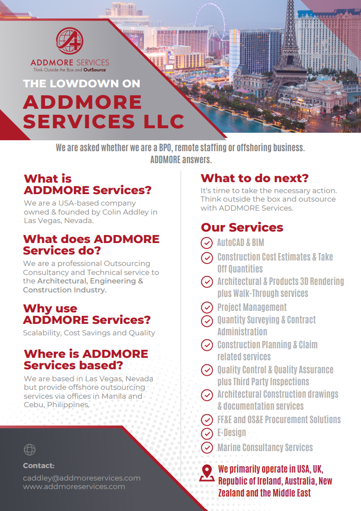 Brochure for Addmore Services LLC, based in Las Vegas. Describes services offered.