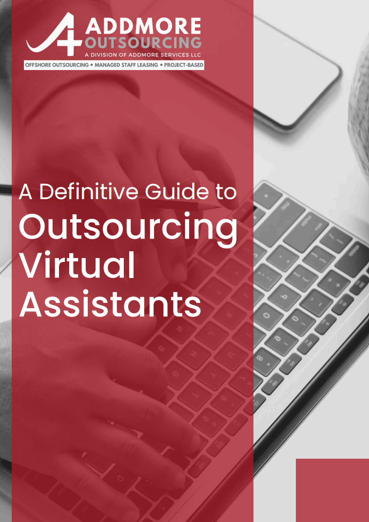 A cover for a guide on outsourcing virtual assistants. Hands typing on a laptop, with red overlay.