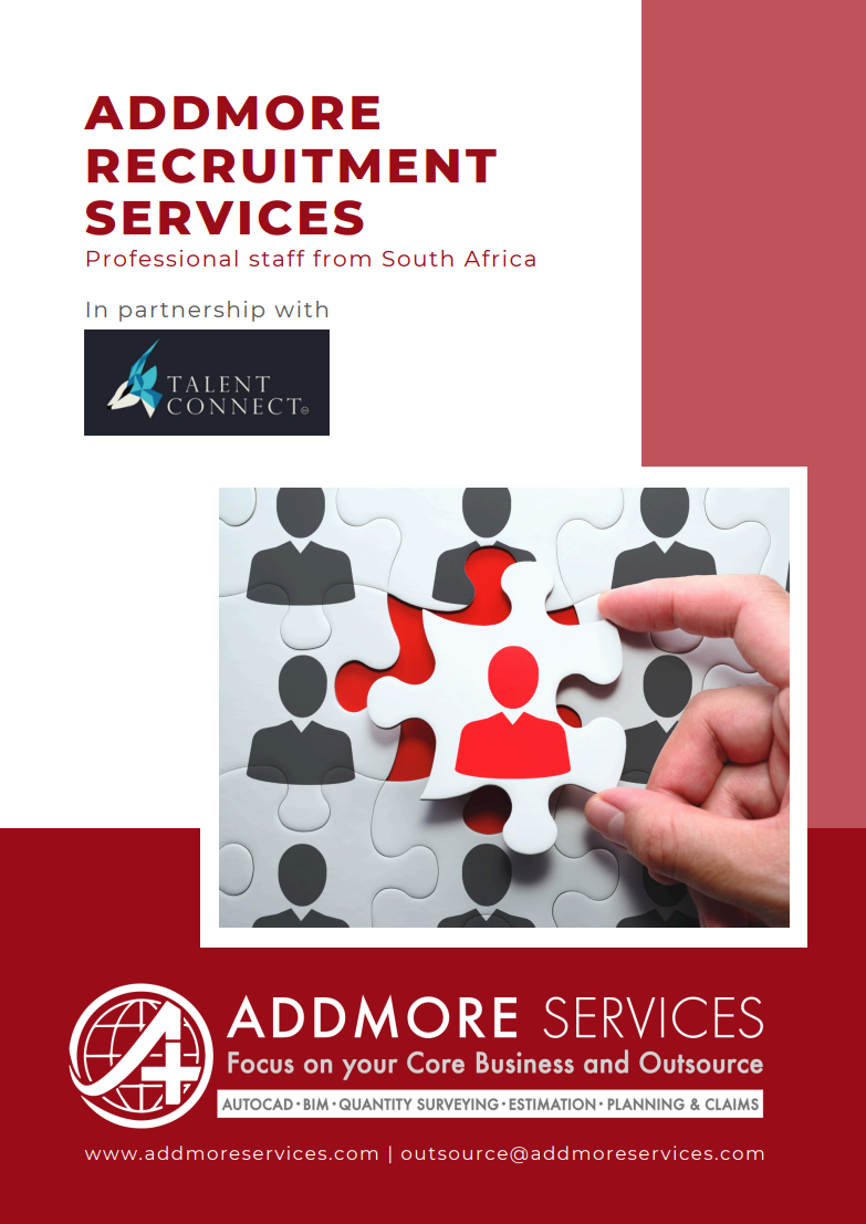 AddMore Recruitment Services ad. A hand places a red puzzle piece into a puzzle of silhouettes.