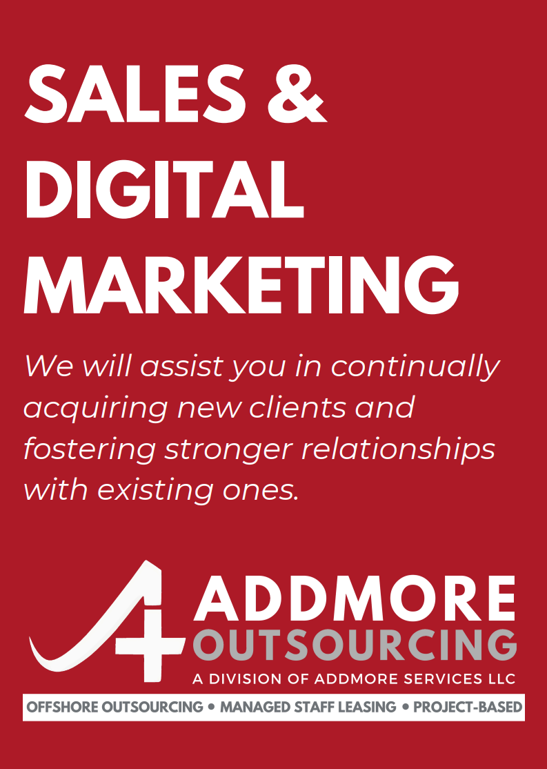 Red ad for Addmore Outsourcing, focusing on sales and digital marketing services.