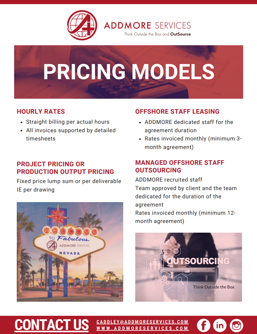 Pricing models by Addmore Services: Hourly rates, offshore staff leasing, project pricing, & managed offshore staff outsourcing.