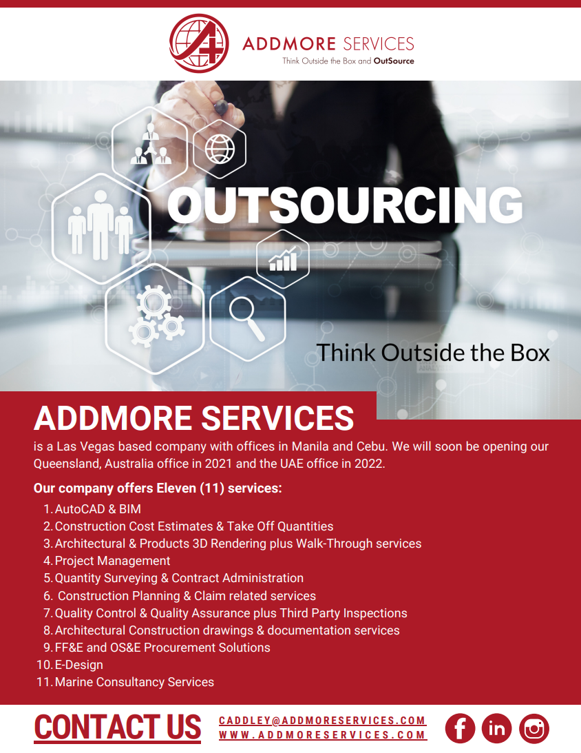 Advertisement for Addmore Services, offering outsourcing solutions. Red and white with a blurred background of a person working.
