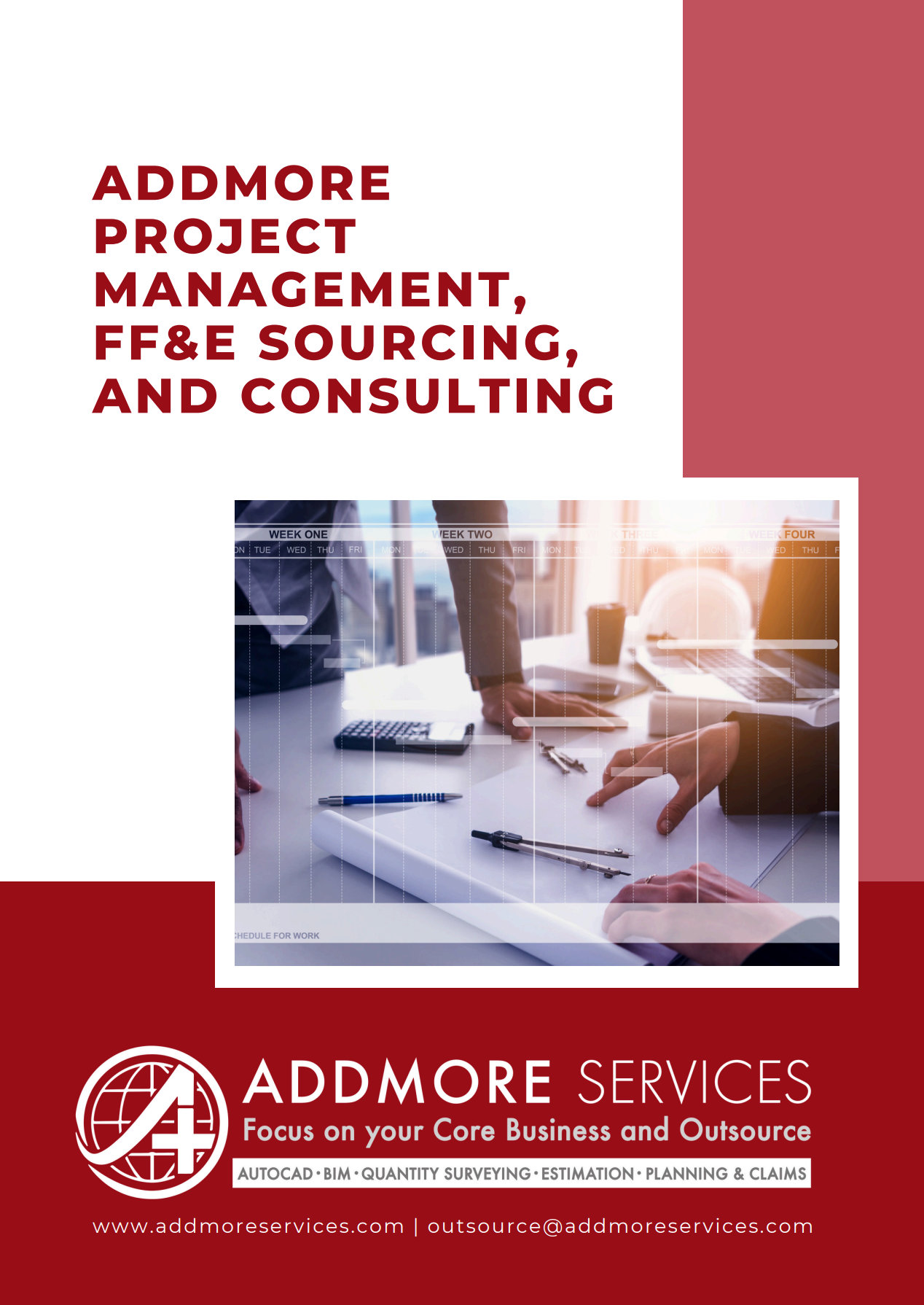 Brochure for Addmore Services: red, white, and black. Text: project management, FF&E sourcing, and consulting. Image: people at a desk.