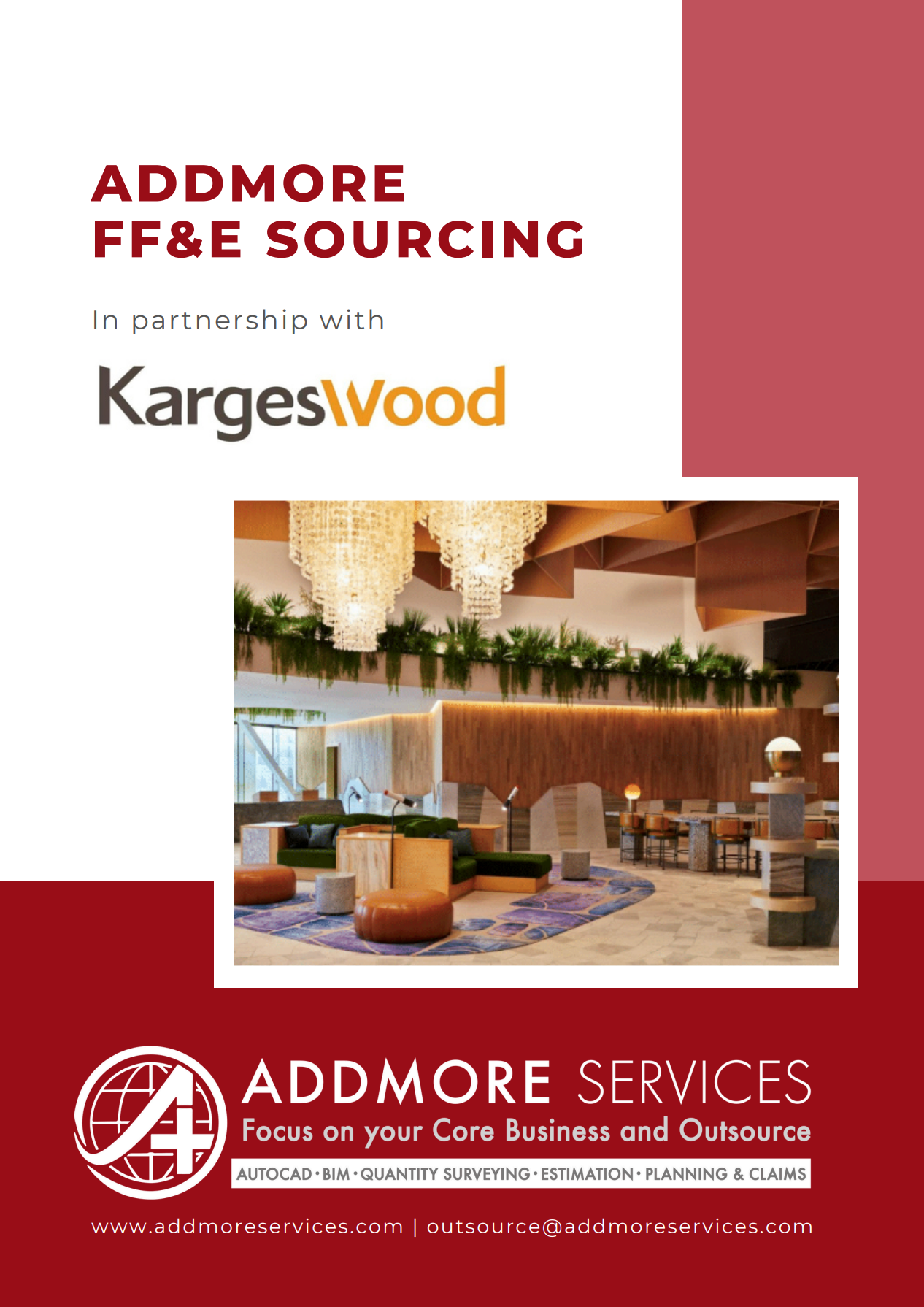 Advertisement for Addmore FF&E sourcing in partnership with Karges Wood, featuring a hotel lobby. Red, white, and brown color scheme.