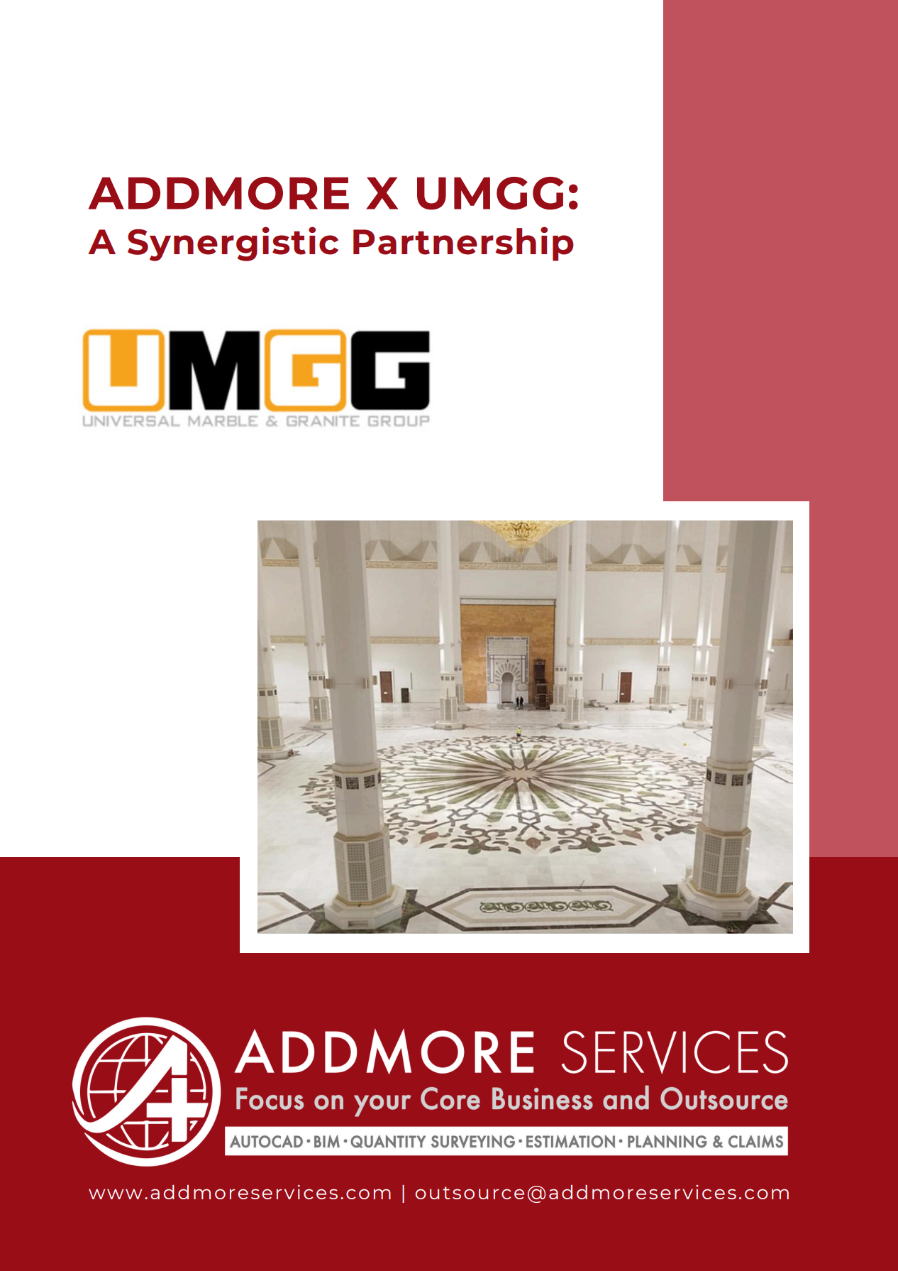 Cover: Addmore Services and UMGG partnership announcement. Features logo, building photo, and text on a red and white background.