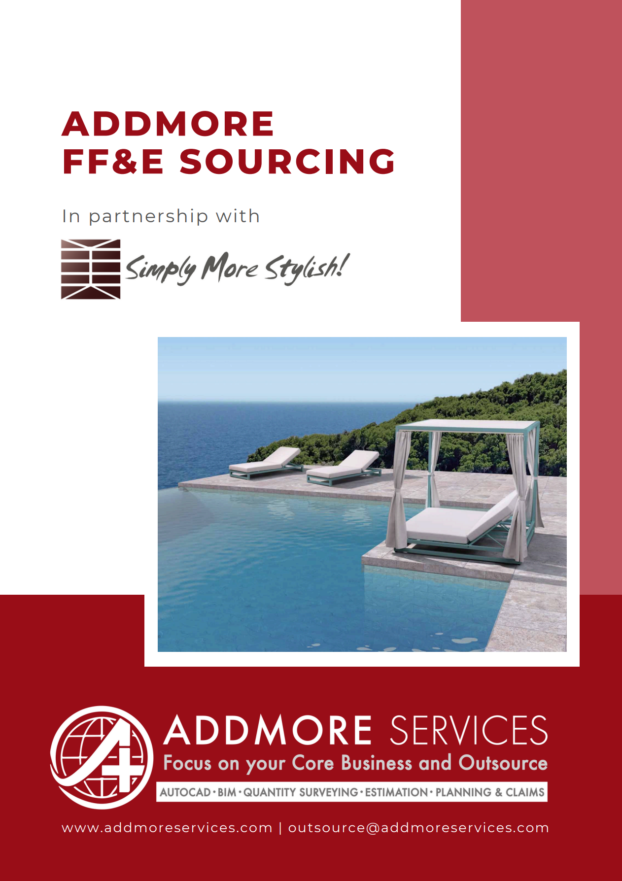 Flyer for Addmore FF&E sourcing with a pool and lounge chairs. Red and white color scheme.