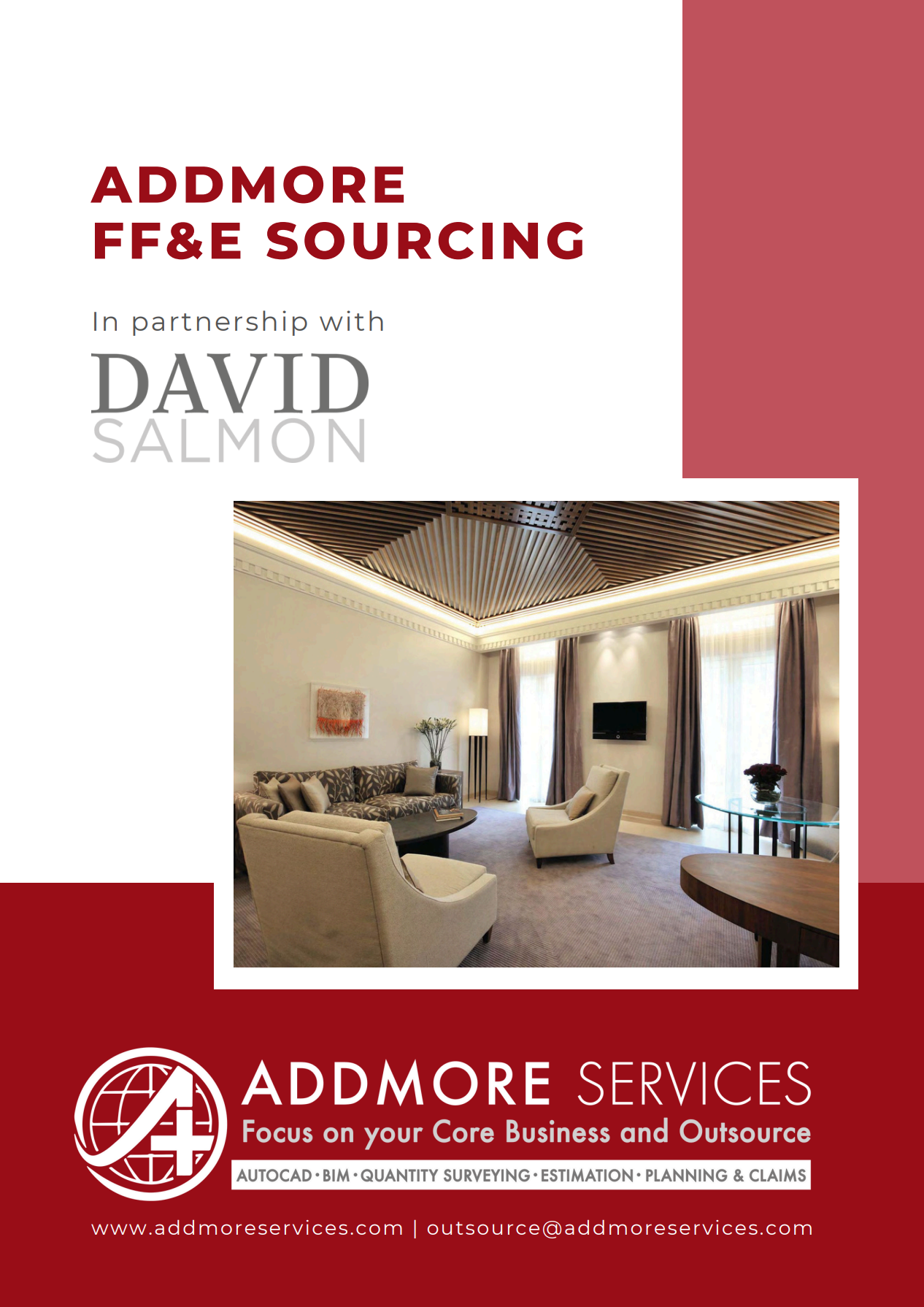 Brochure for Addmore FF&E sourcing, red and white design, interior hotel room photo, partnering with David Salmon.
