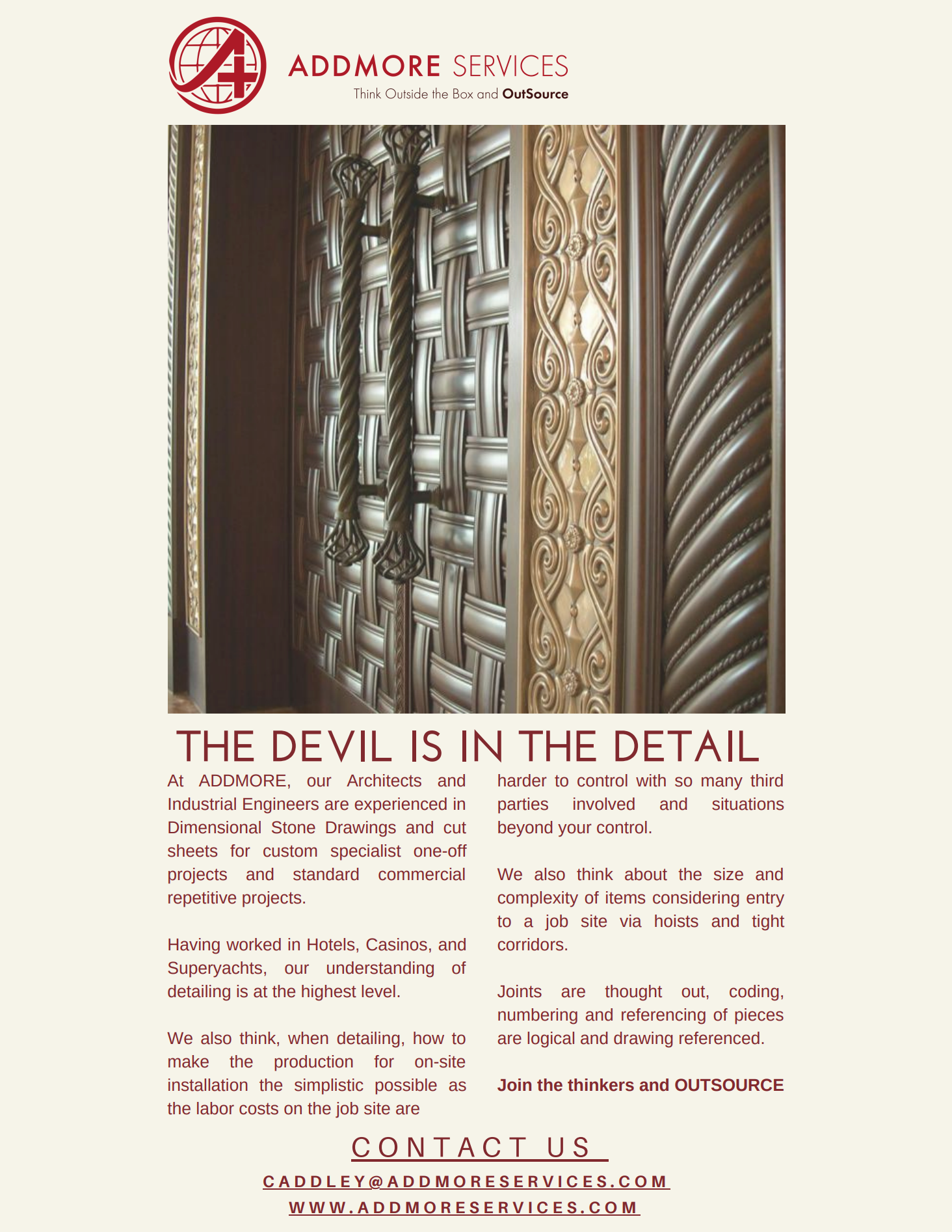 Close-up of ornate door panels and architectural details, promoting Addmore Studios.