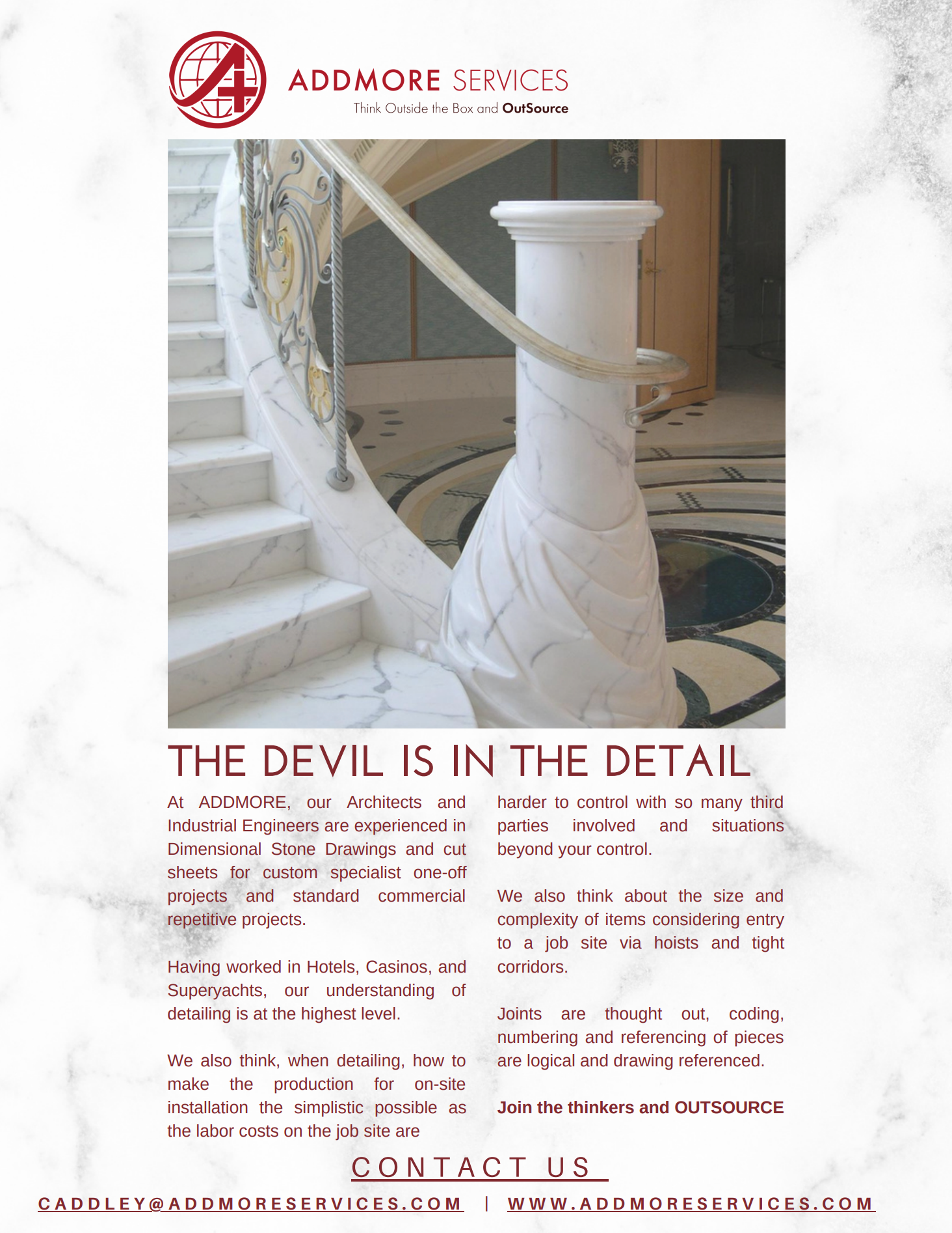 Marble staircase with ornate details; Add More Services ad.