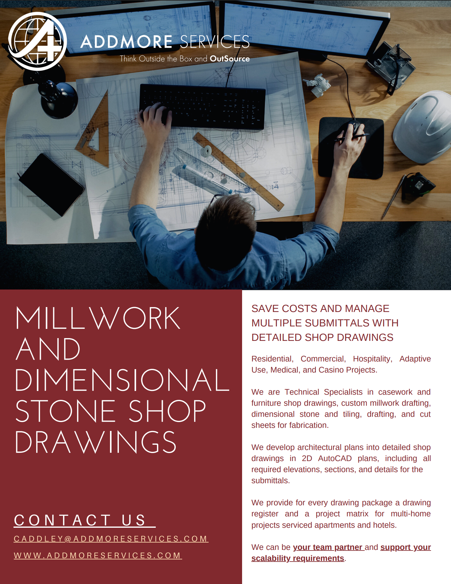 Man working on blueprints with text: Millwork and Dimensional Stone Shop Drawings.