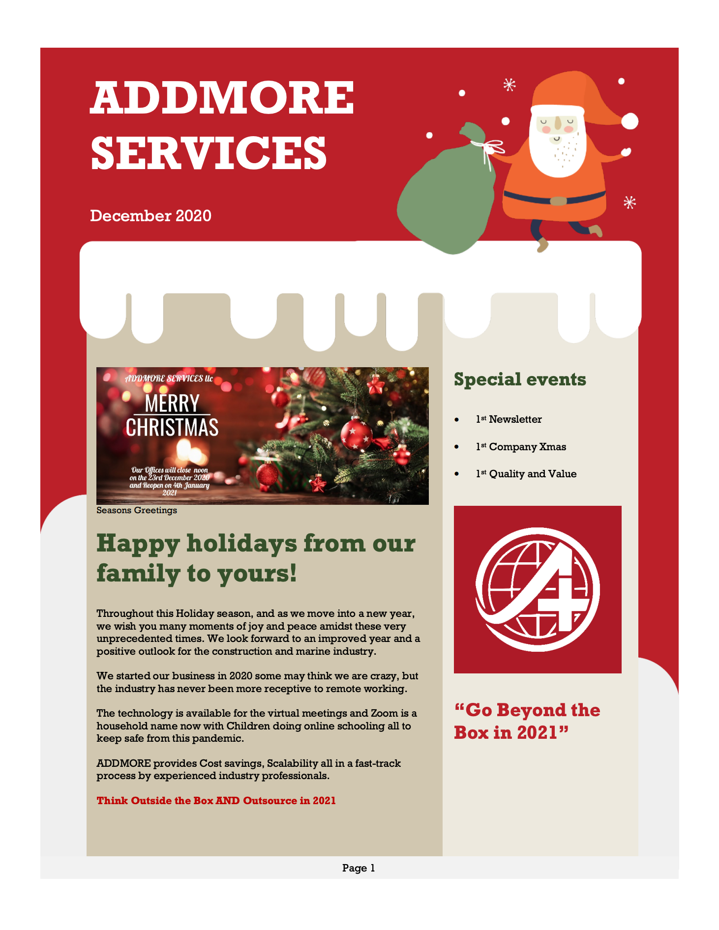 Christmas newsletter from Addmore Services; a Santa graphic and festive content.