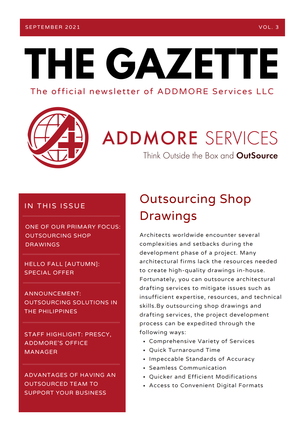 Newsletter for Addmore Services, with a red and white color scheme. It promotes outsourcing shop drawings.