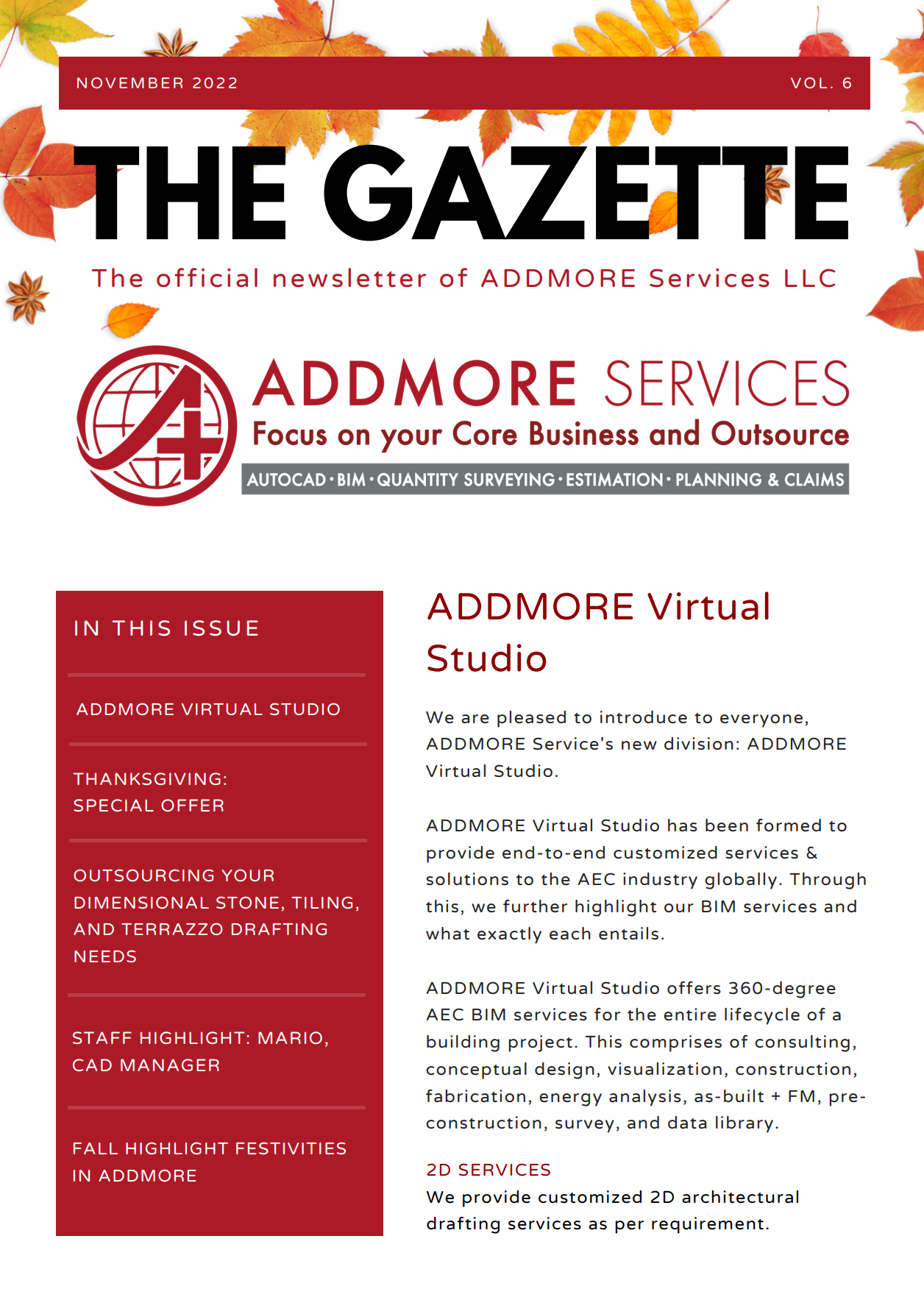 Newsletter for ADDMORE Services with red accents and the title