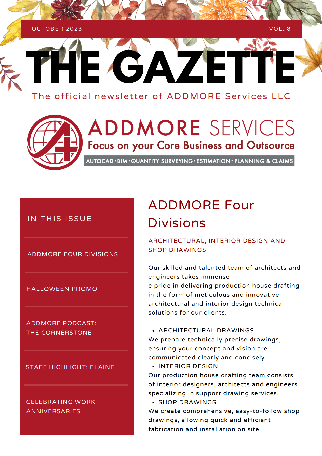 Newsletter for ADDMORE Services, with red and white text on a maroon background.