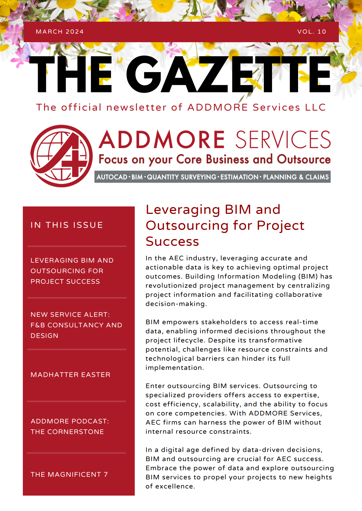 Newsletter cover: The Gazette for Addmore Services, featuring an article on leveraging BIM and outsourcing for project success.
