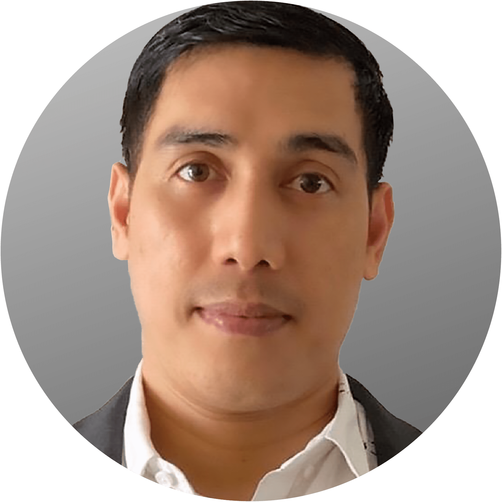 Man in a suit looking at the camera with a neutral expression in a gradient gray circle.