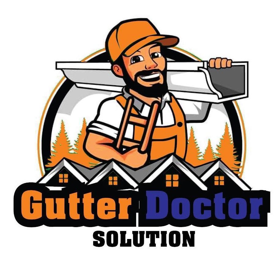 Logo: man in orange overalls holding gutter, ladder; "Gutter Doctor Solution" over houses, trees.