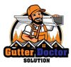 Logo: man in orange overalls holding gutter, ladder; "Gutter Doctor Solution" over houses, trees.