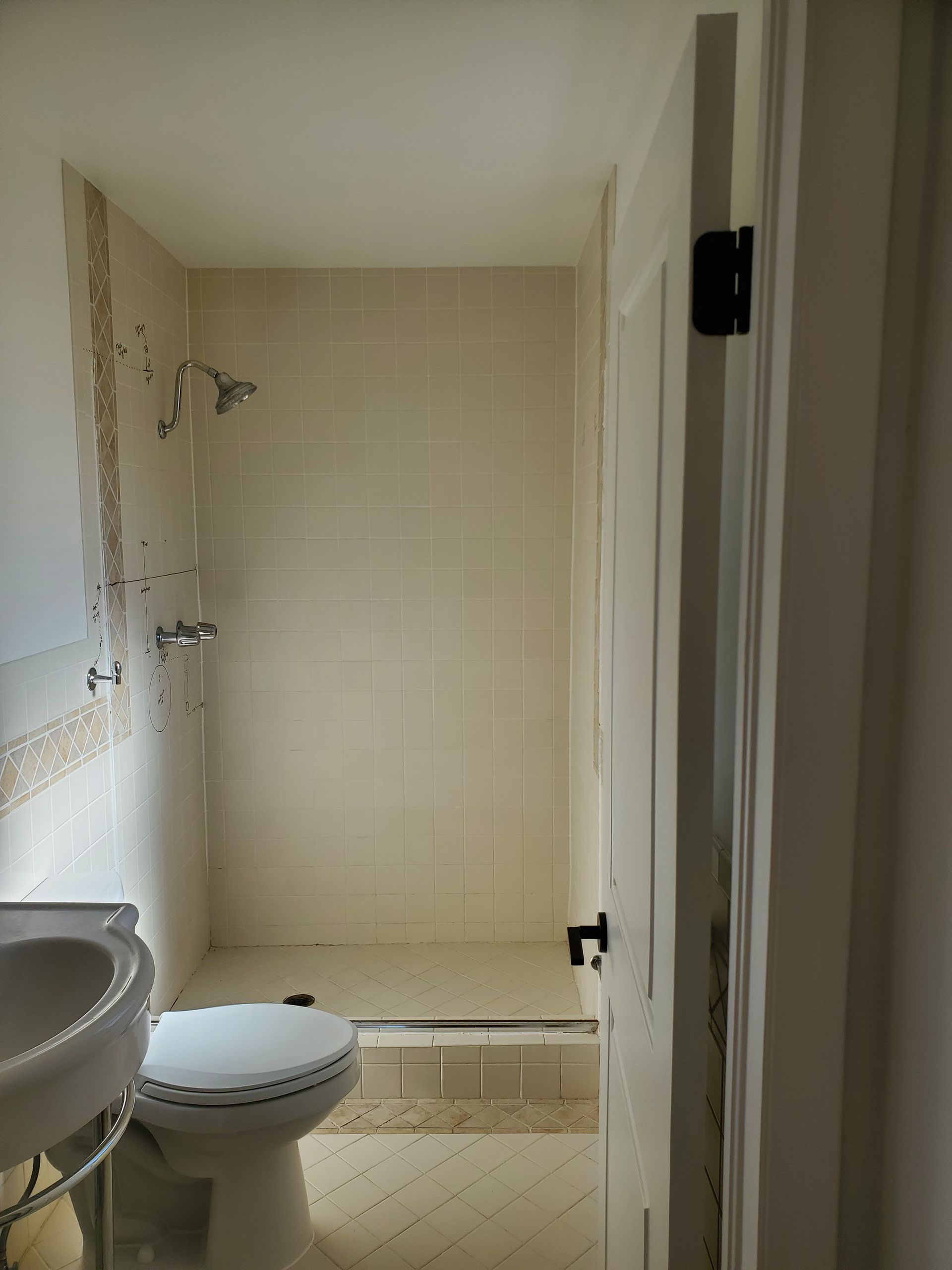 A bathroom with a toilet a sink and a shower