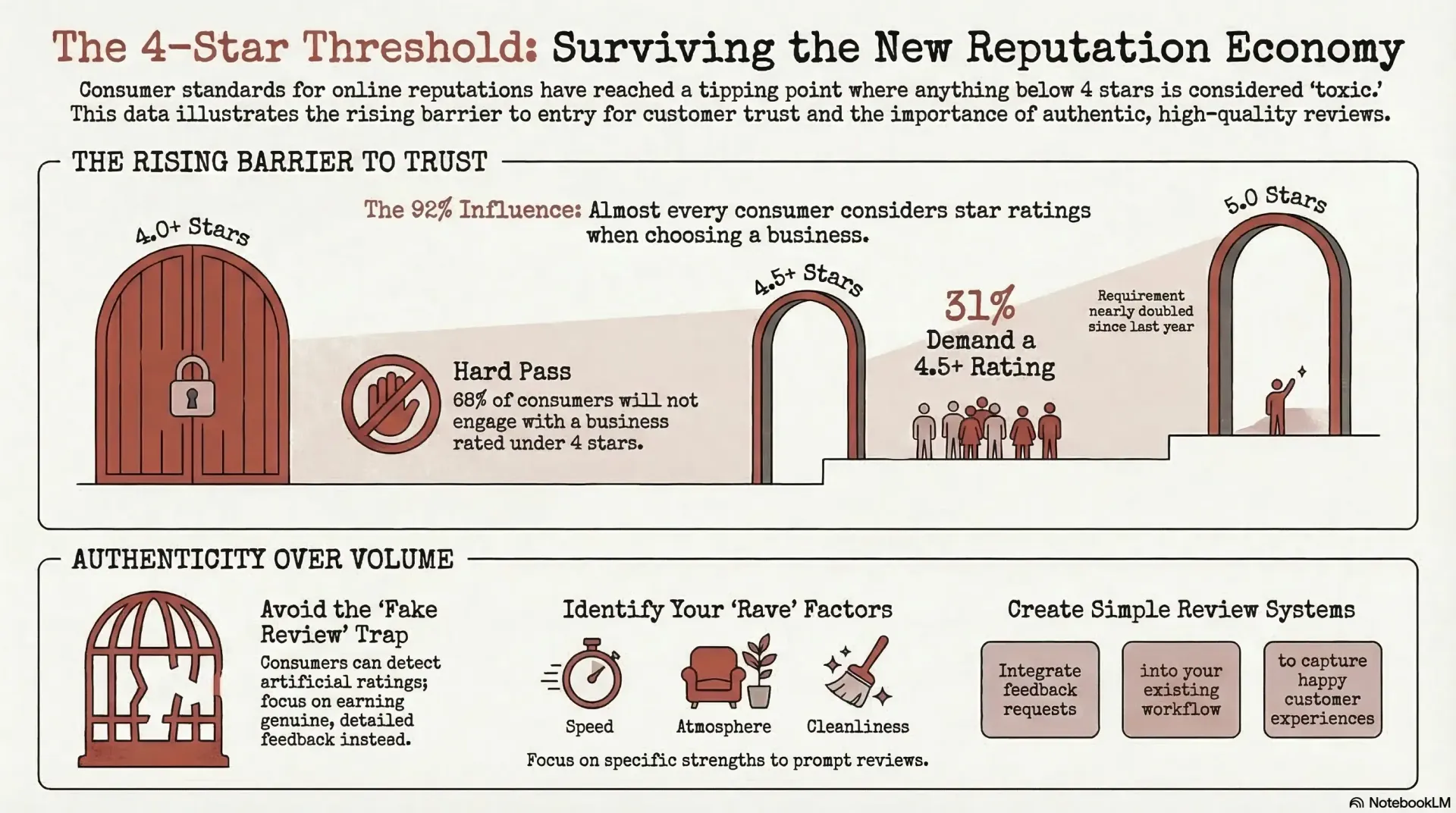 Infographic: 68% of consumers avoid businesses under 4 stars, 31% demand 4.5+ stars, 92% check ratings before choosing