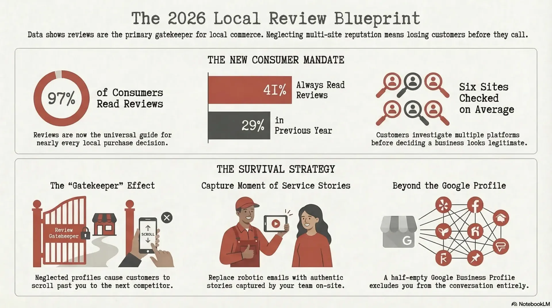 Infographic: 97% of consumers read reviews in 2026, customers check 6 sites on average before trusting a local business