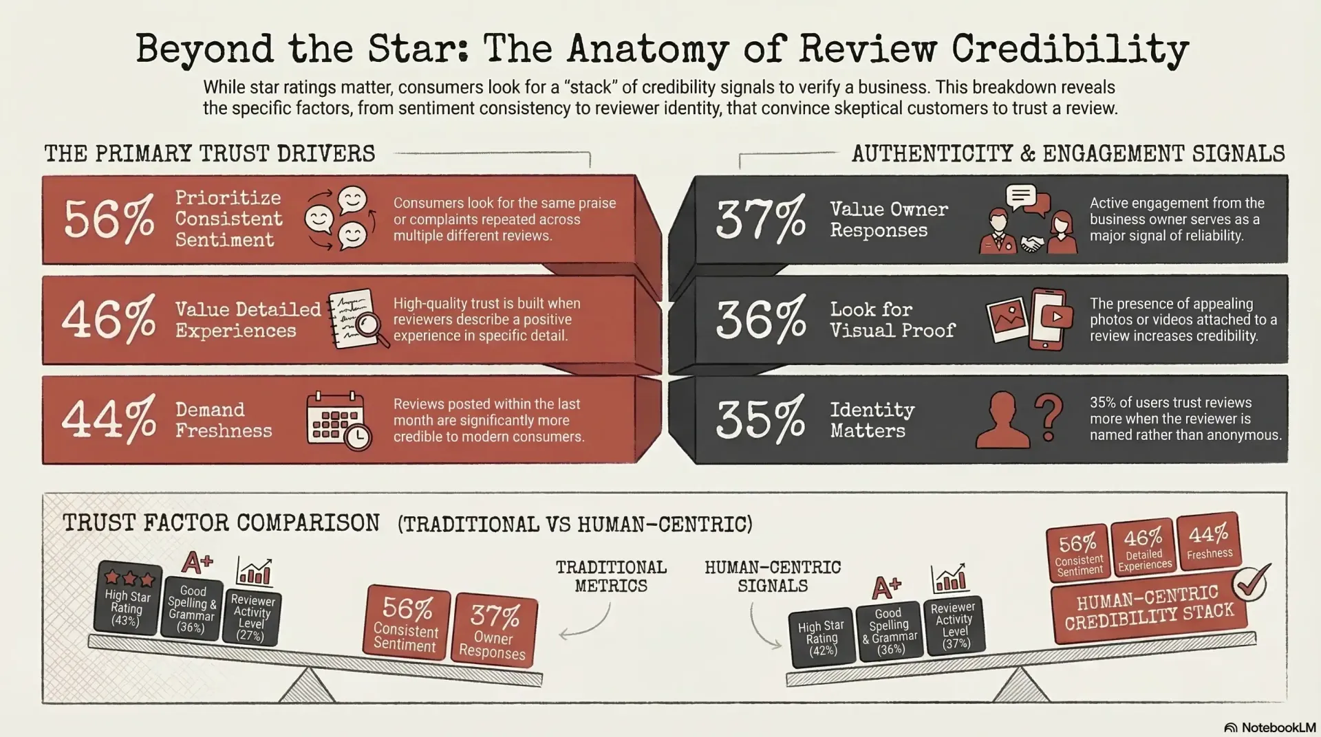 Infographic showing six factors that build online review credibility, including consistent sentiment (56%), detailed experiences (46%), review freshness (44%), owner responses (37%), visual proof (36%), and named reviewers (35%) — based on BrightLocal 2026 consumer data.
