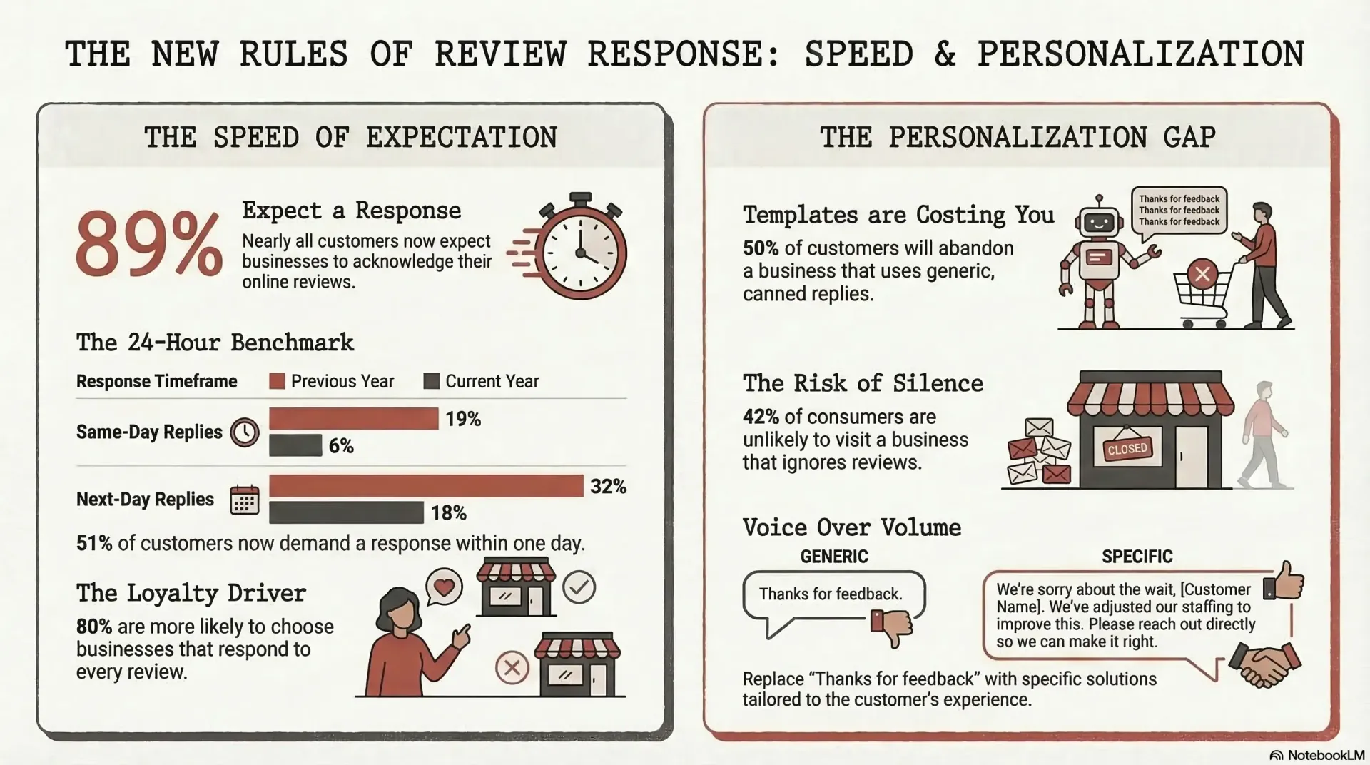 Infographic illustrating 2026 consumer expectations for review responses: 89% expect a reply, 51% want it within 24 hours, 80% favor businesses that respond to every review, and 50% will abandon a business using generic templated responses.