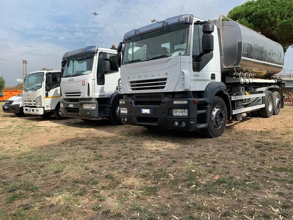 Tre camion bianchi parcheggiati sull'erba secca contro un cielo azzurro.