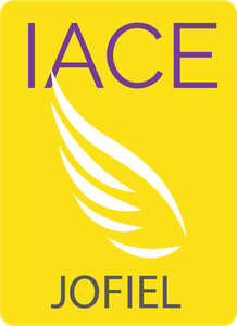 Logotipo de IACE JOFIEL sobre un fondo amarillo con un diseño de alas en color púrpura y blanco.