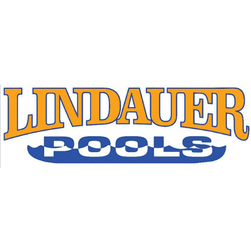 The lindauer pools logo is blue and yellow on a white background.