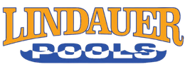 The logo for lindauer pools is blue and yellow on a white background.