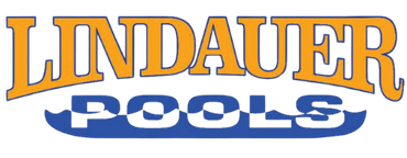 The lindauer pools logo is blue and yellow on a white background.