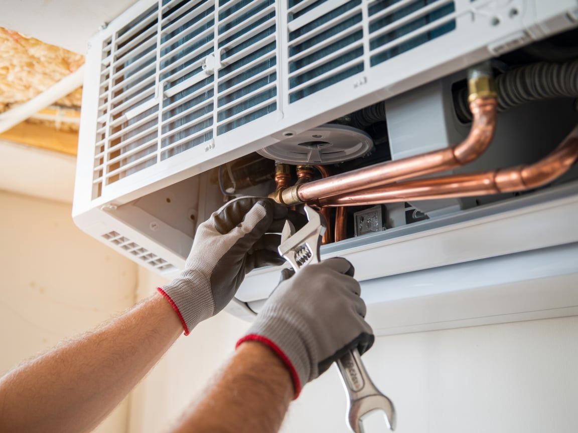 Hands wearing gloves using a wrench to repair an air conditioning unit with copper pipes.