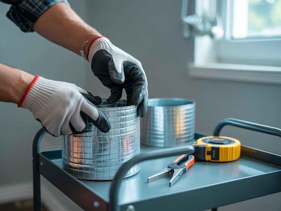Hands wearing work gloves manipulating a metal duct on a rolling cart, next to tools, near a window.