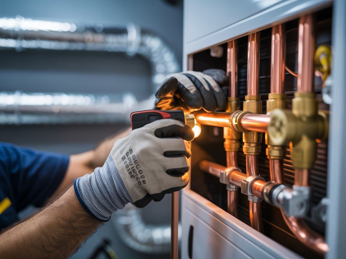Person in gloves inspecting copper pipes with a flashlight in a mechanical room.