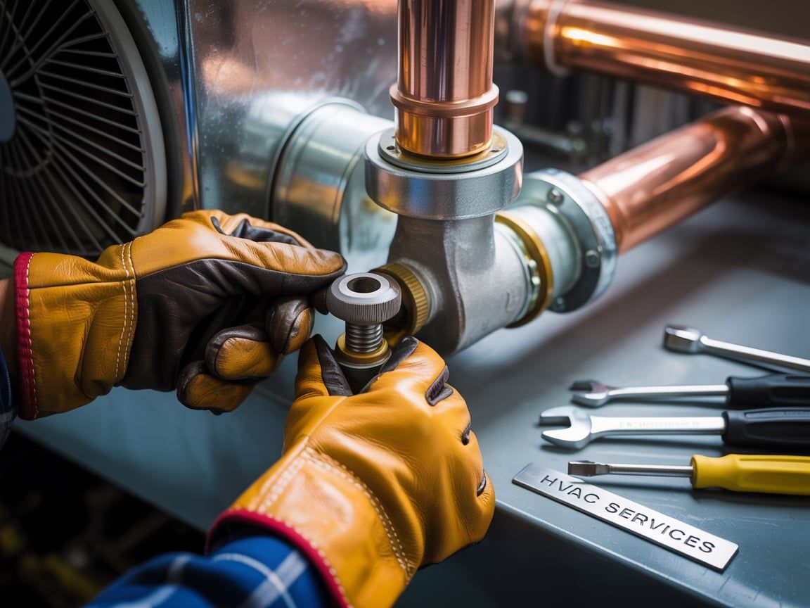 A person in gloves working on HVAC equipment with tools.