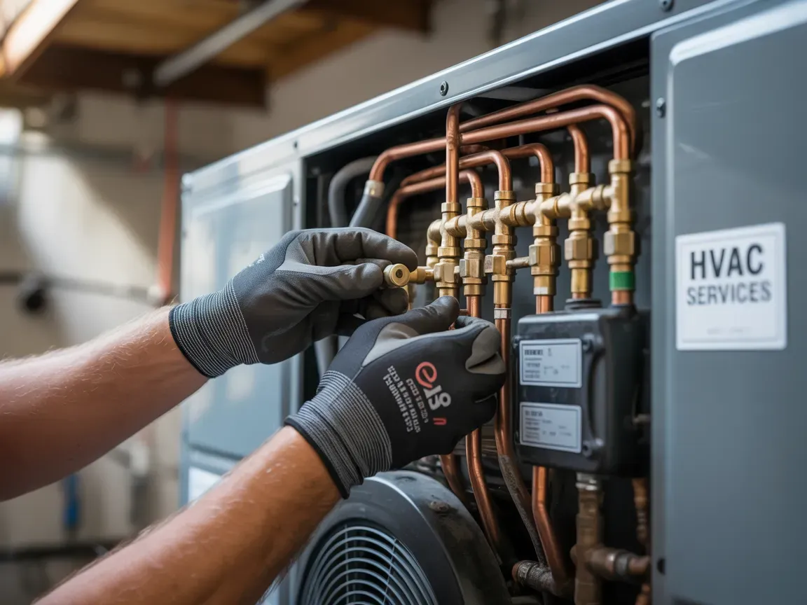 HVAC technician in gloves connecting copper pipes, near a unit labeled