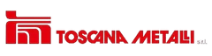 Logo rosso per Toscana Metali srl, caratterizzato da un'icona geometrica astratta accanto al nome dell'azienda in caratteri tipografici audaci.
