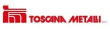 Logo rosso per Toscana Metali srl, caratterizzato da un'icona geometrica astratta accanto al nome dell'azienda in caratteri tipografici audaci.