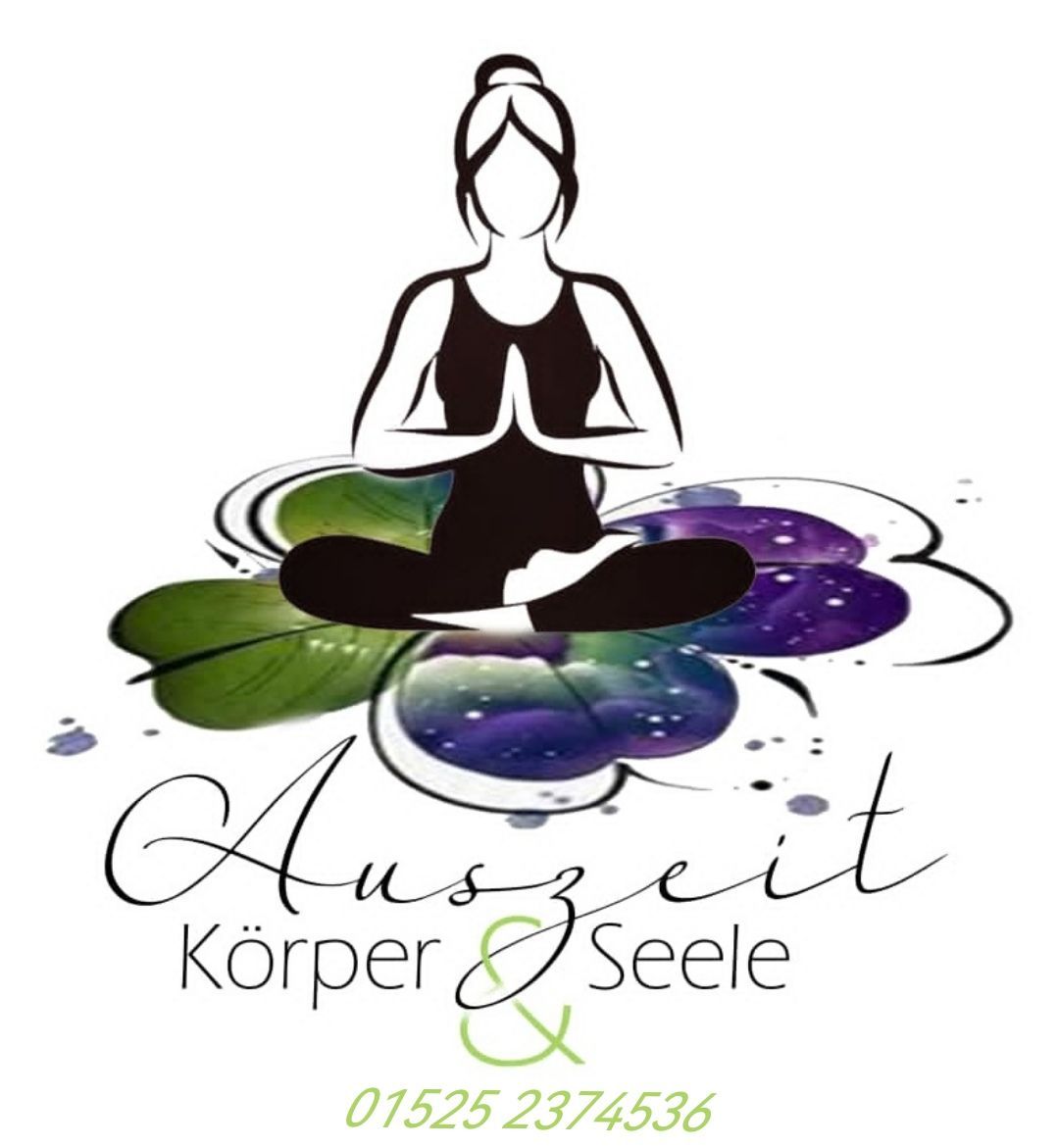 A logo for auszeit körper & seele shows a woman meditating in a lotus position