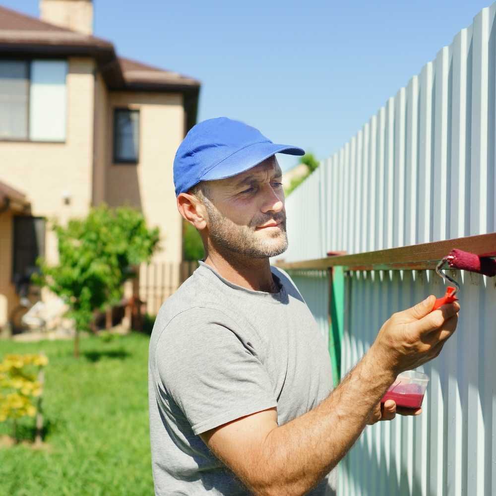 A man is painting a fence with a brush.
