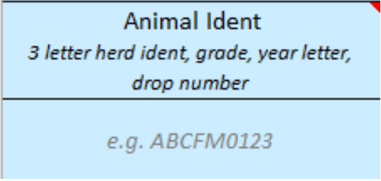 A blue sign that says animal ident 3 letter herd ident grade year letter drop number e.g. abcfm0123