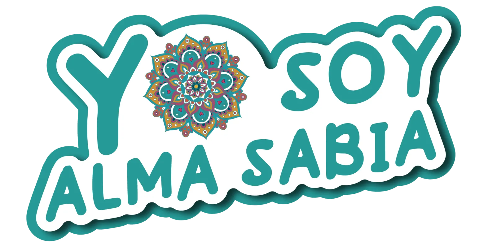Texto gráfico “Y soy alma sabia” en color turquesa con un colorido detalle de mandala.