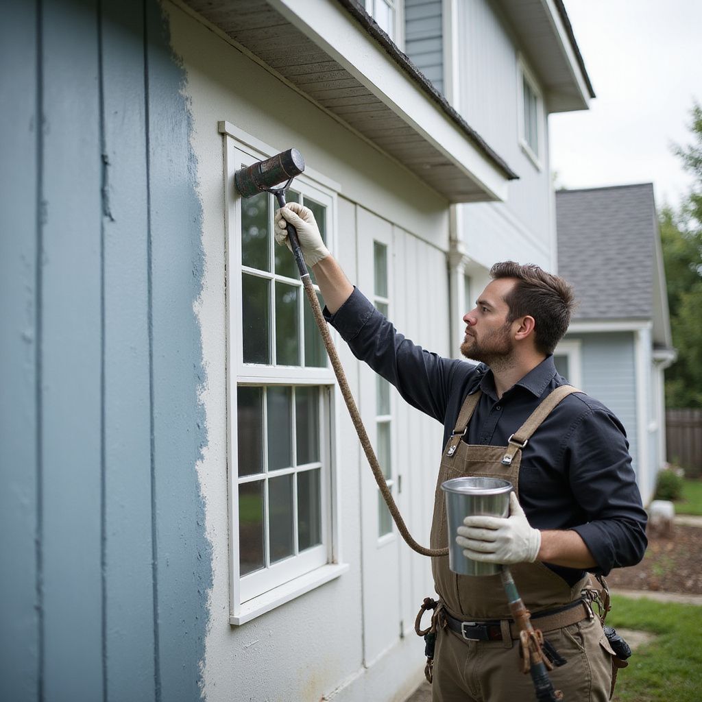 Man painting exterior house siding blue near a window with a long-handled applicator.